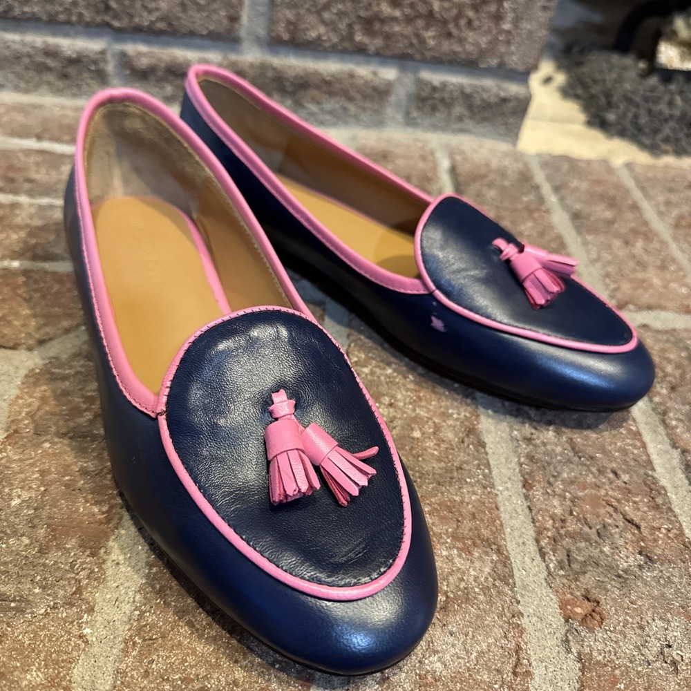 J.McLaughlin Womens Leather Tassel Slip On Loafers Size 7 Navy Blue And Pink